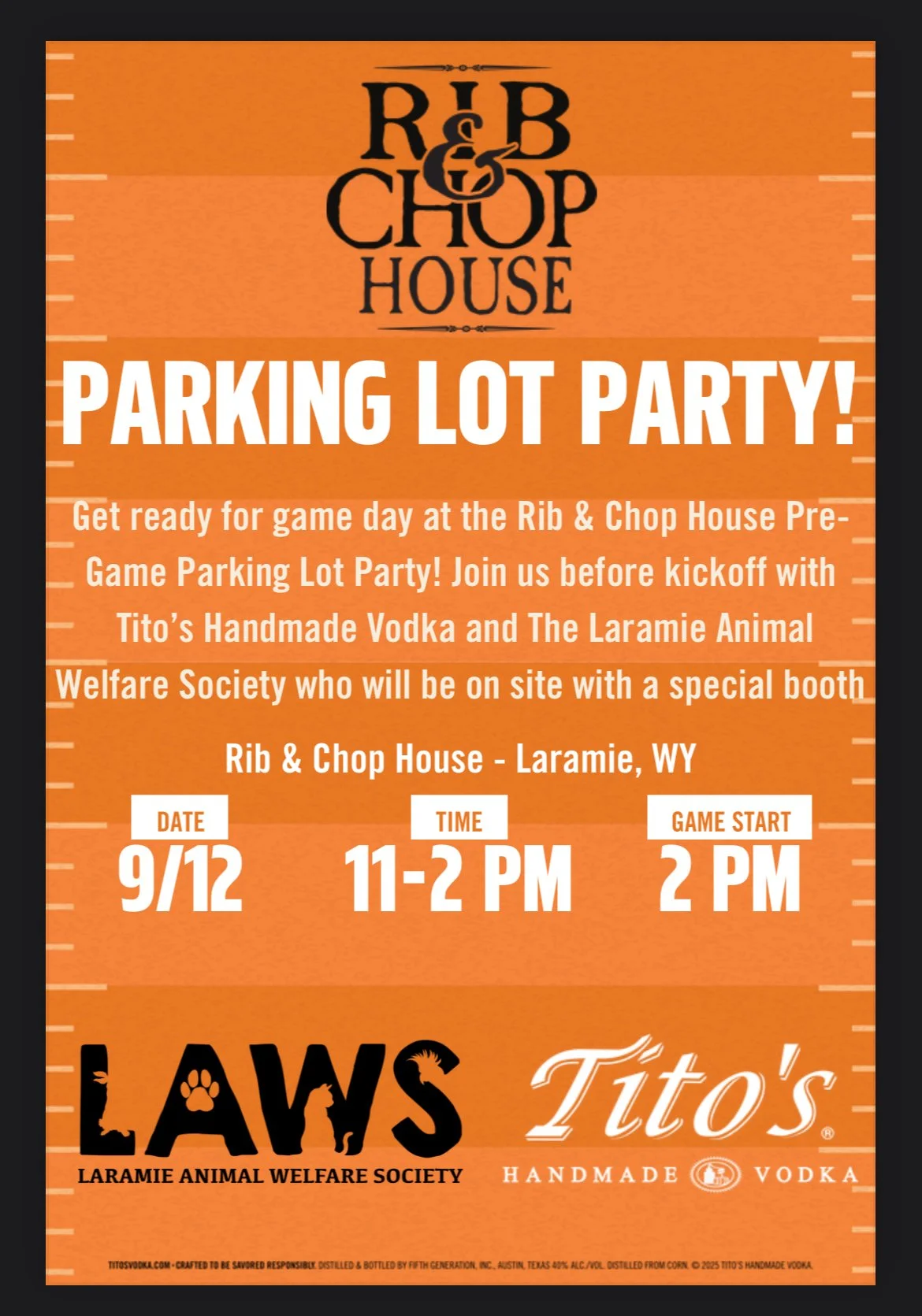 LAWS Puppies + Rib &amp; Chop House + Tito’s Vodka- Tailgate Party