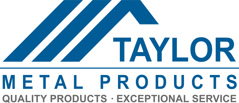 The logo for Taylor Metal Products, featuring a stylized mountain or roof shape in blue, with the company name and the slogan 'Quality Products, Exceptional Service' beneath.