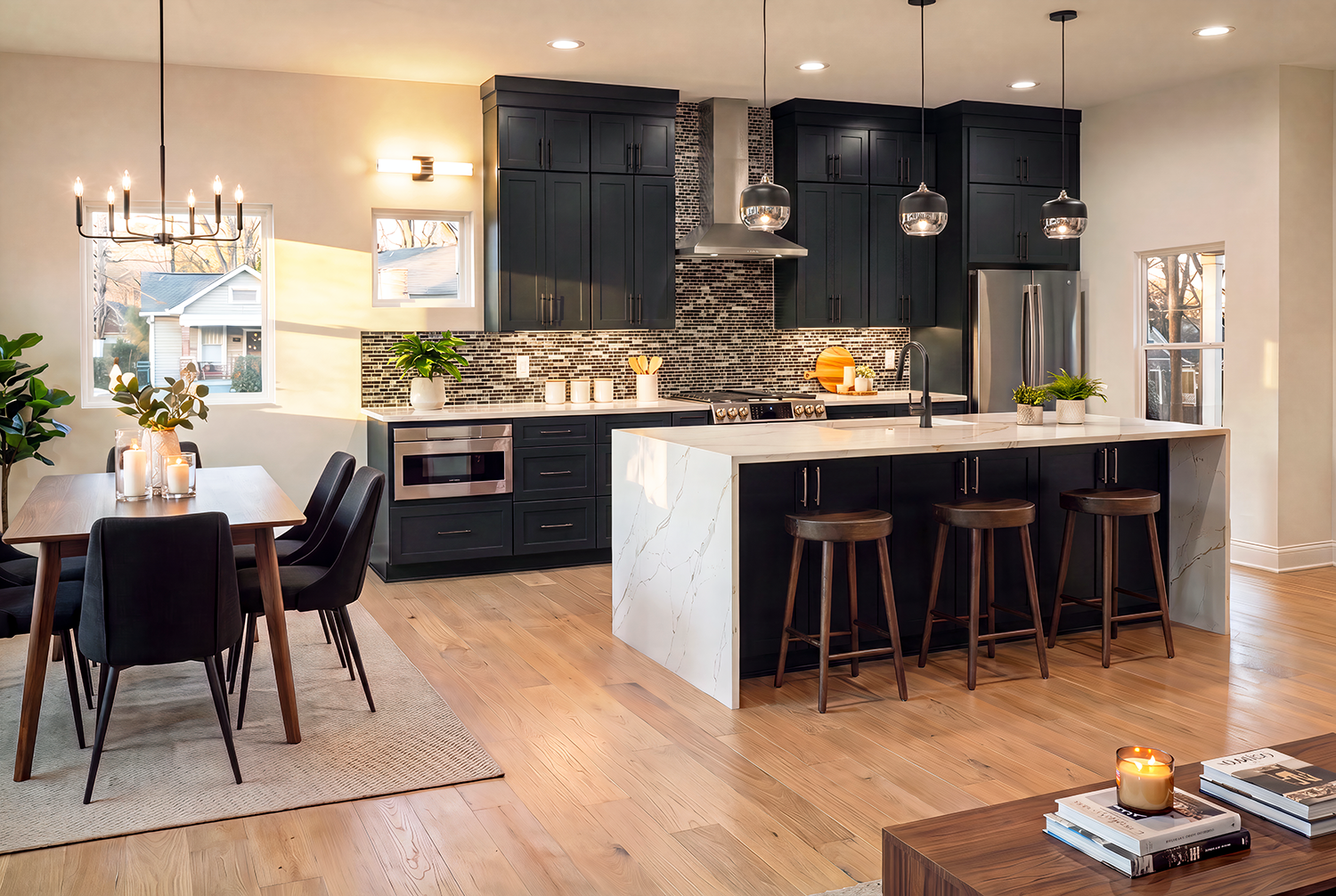 Modern kitchen with dark cabinets, white marble island, black and gray mosaic backsplash, stainless steel appliances, and pendant and chandelier lighting. Adjacent dining area with a wooden table, black chairs, candles, and plants.