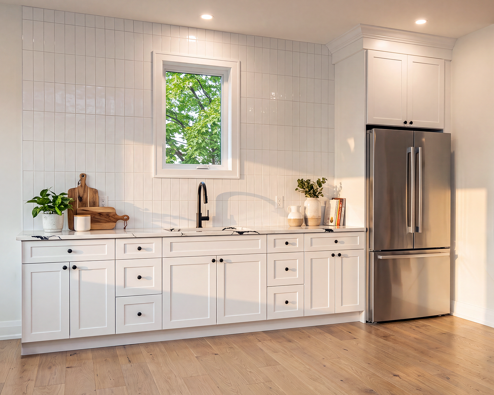 Kitchen with white cabinets, a black faucet, and a stainless steel refrigerator. Decor includes a wooden cutting board, potted plants, and books near a window with trees outside.