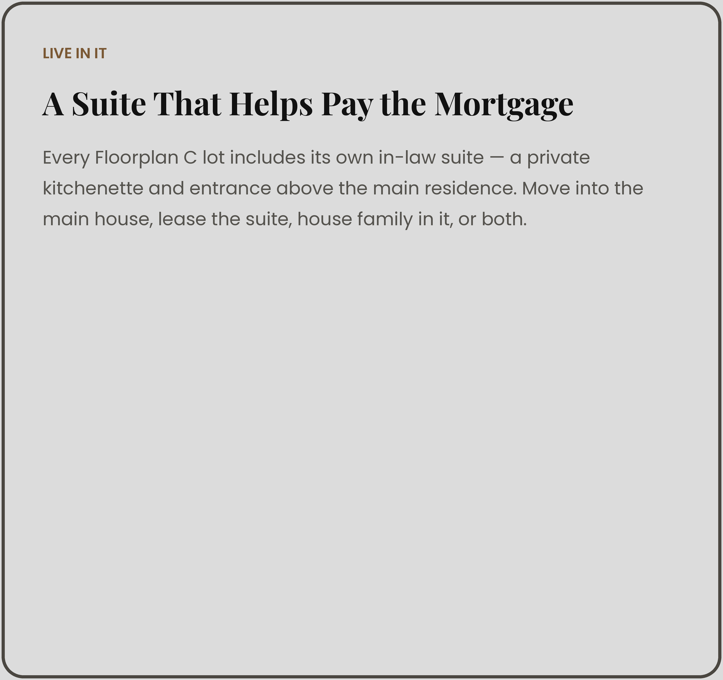 Text about Floorplan C, which includes an in-law suite with a kitchenette and private entrance to help pay the mortgage.