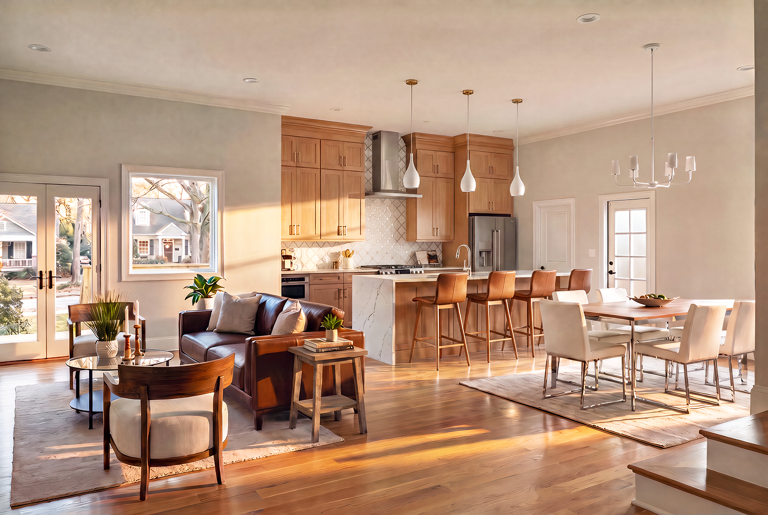 Open-concept living room and kitchen with wooden flooring, a brown leather sofa, a white upholstered armchair, a wooden coffee table, a white oval dining table with cream chairs, three hanging pendant lights over the kitchen island, a modern chandeli