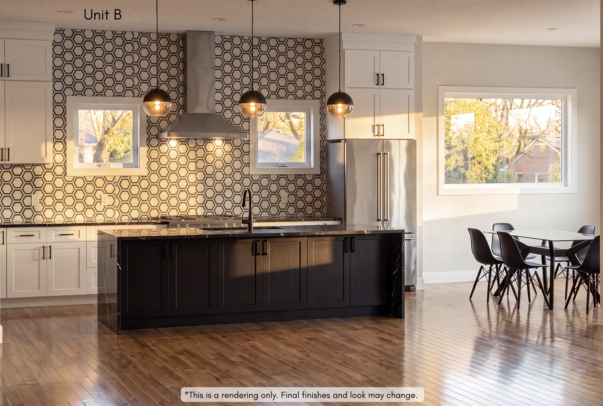 Modern kitchen with white upper cabinets, black lower cabinets, a kitchen island with a black base and white countertop, stainless steel refrigerator, hexagon-patterned backsplash, two small windows with outside fall scenery, and a dining area with b