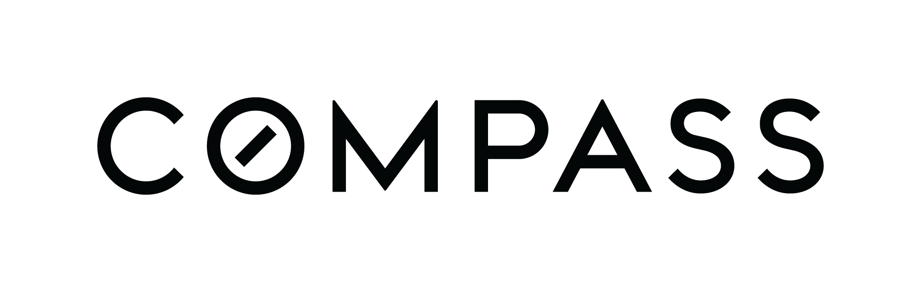 The word COMPASS in black letters; the O resembles a compass with a diagonal needle inside.