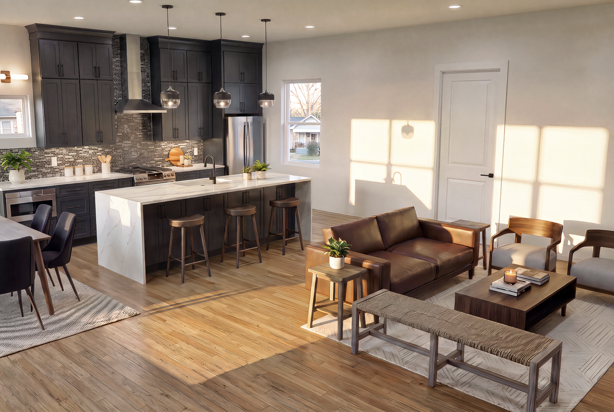 Open-concept living room and kitchen with hardwood floors, dark gray cabinets, a marble island, pendant lights, a stainless steel refrigerator, and large windows letting in natural light.