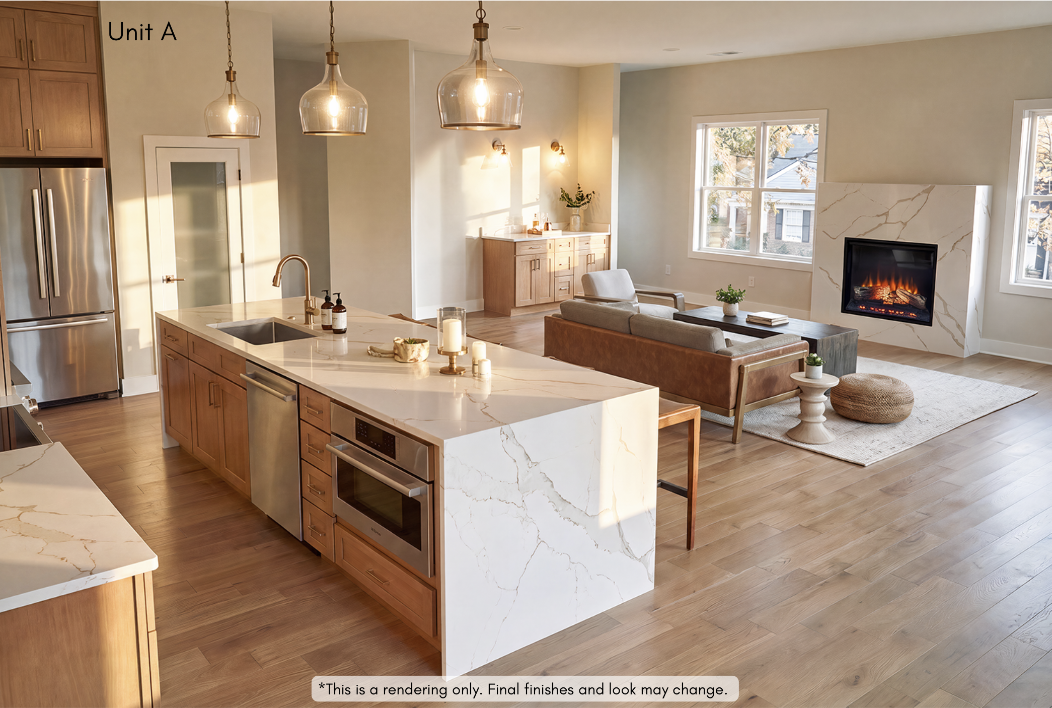 Modern living room with a fireplace, large windows, a sofa, a chair, and a kitchen island with pendant lighting, decorated with candles and plants.