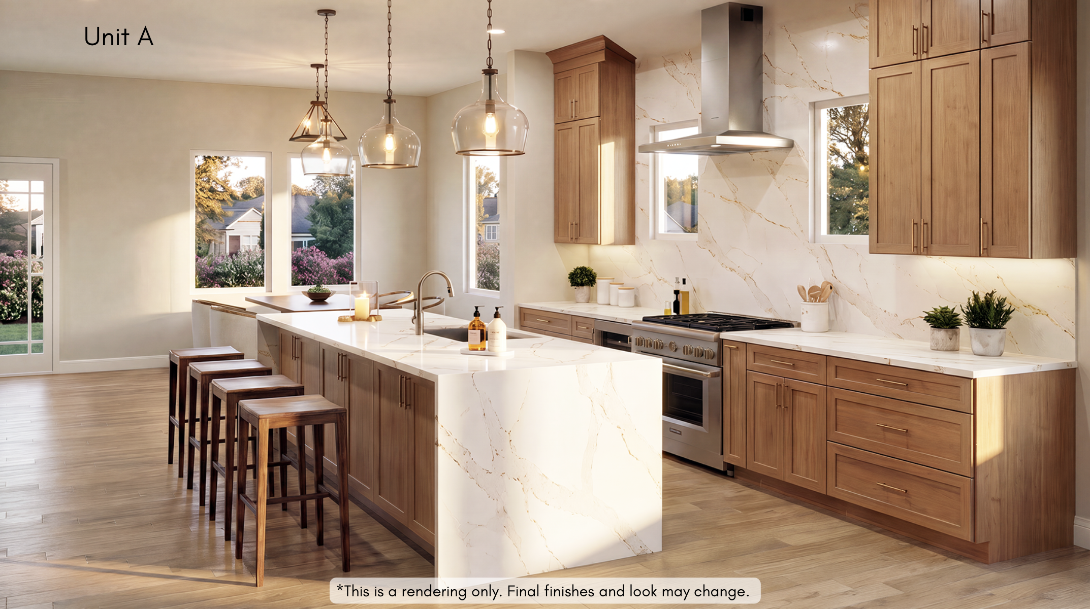 Modern kitchen with wooden cabinets, marble countertops, and a large island. Pendant lights hang above the island, and large windows reveal a view of trees and houses outside.