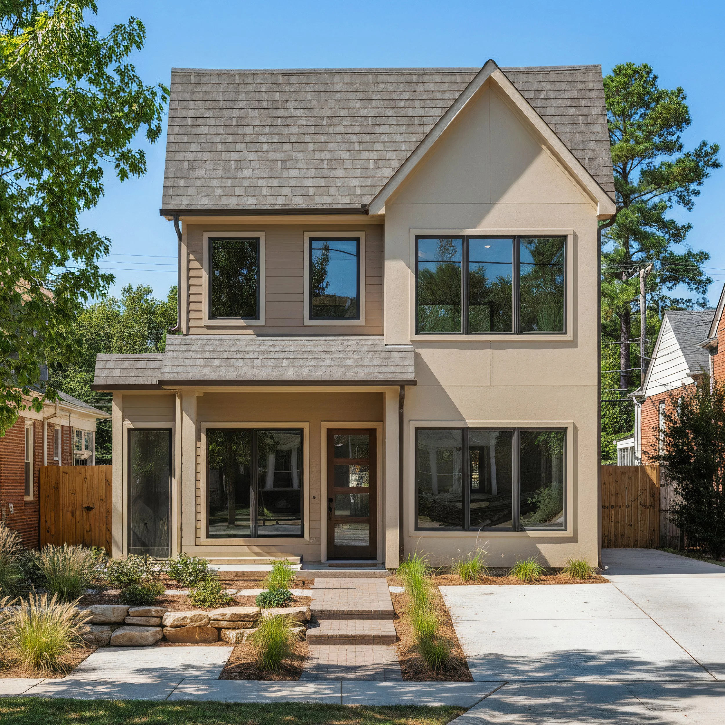 The back of a two-story house with a gabled roof, large window, and a mix of siding and stucco exterior, with a front yard featuring a small garden bed, grass, rocks, and a concrete walkway.