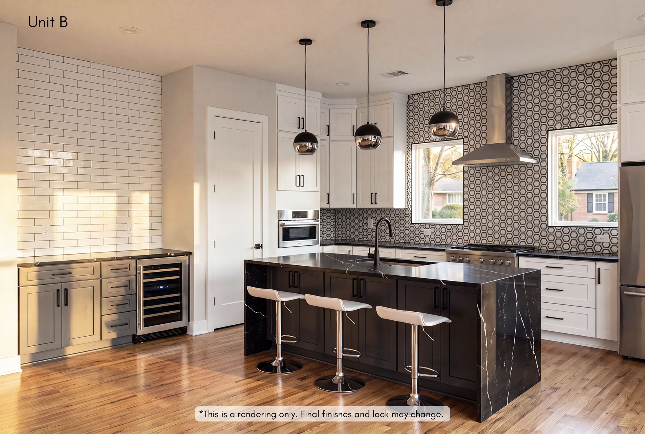 Modern kitchen with white cabinets, black island with marble countertop, three black pendant lights, and geometric patterned backsplash. Windows show trees outside.