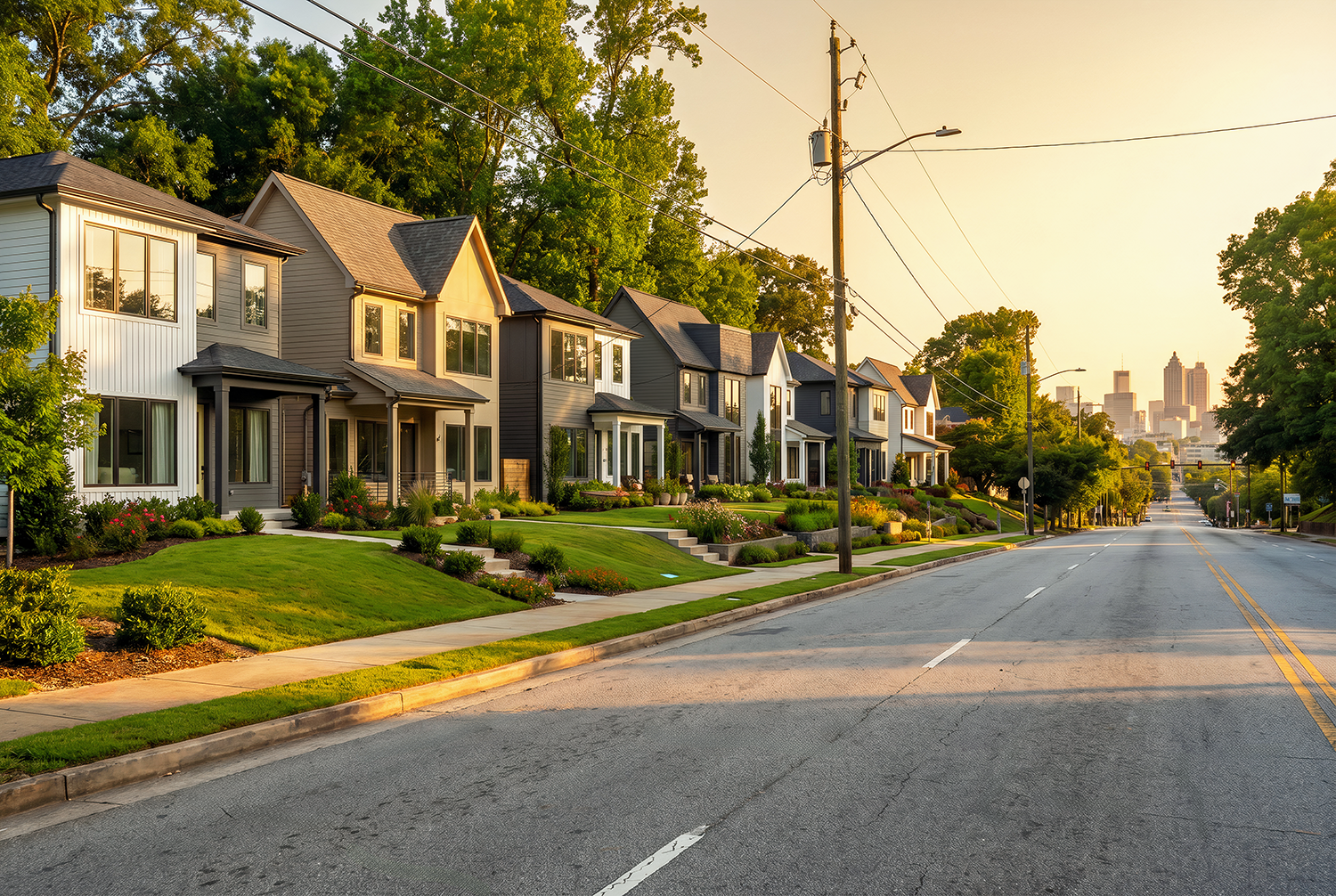 A suburban street lined with modern houses and well-maintained lawns, with a city skyline and sunset in the background.