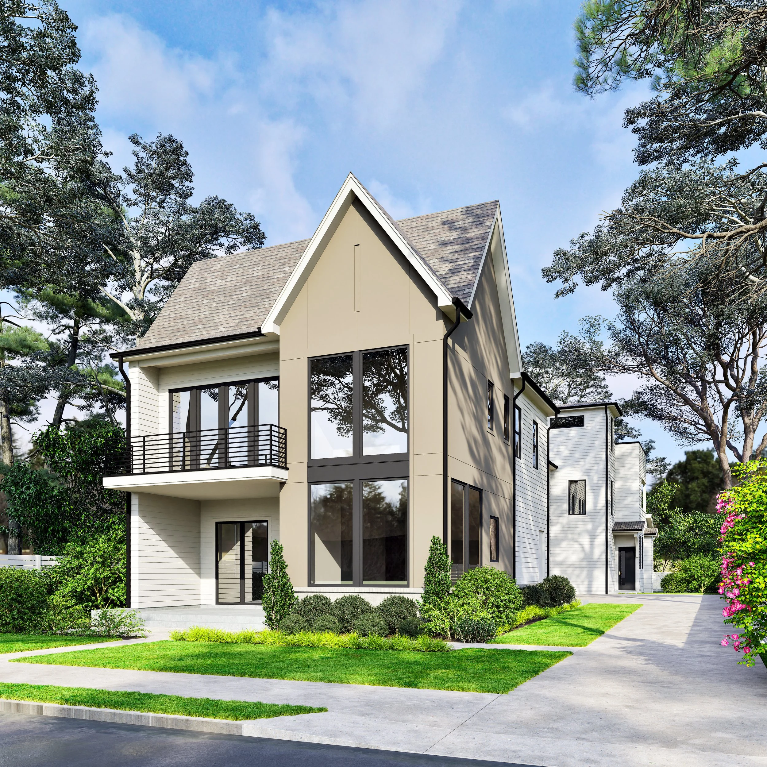Modern two-story house with large windows, a balcony, and landscaped front yard surrounded by trees on a sunny day.