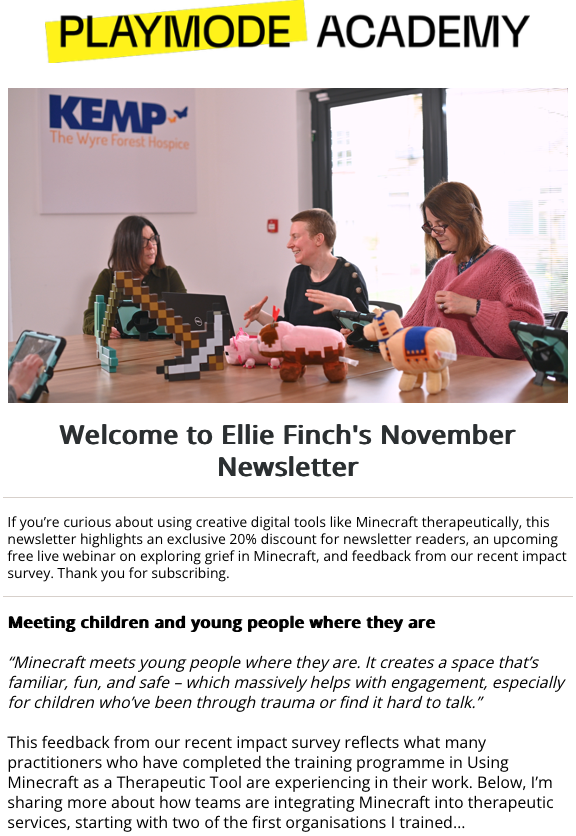 Ellie Finch’s November Newsletter for PlayMode Academy 