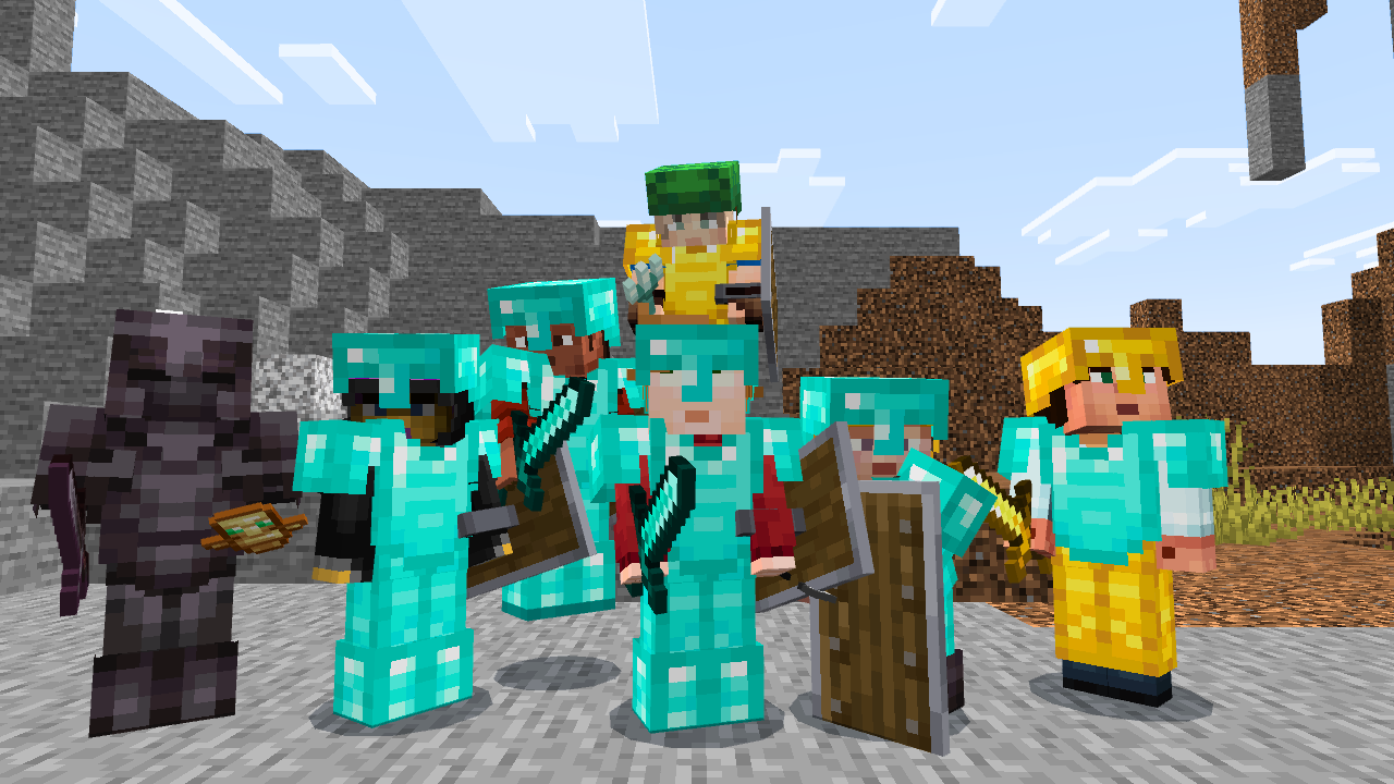  A group of Minecraft characters in various armor, including diamond and dark armor, stand together in a blocky landscape.   
