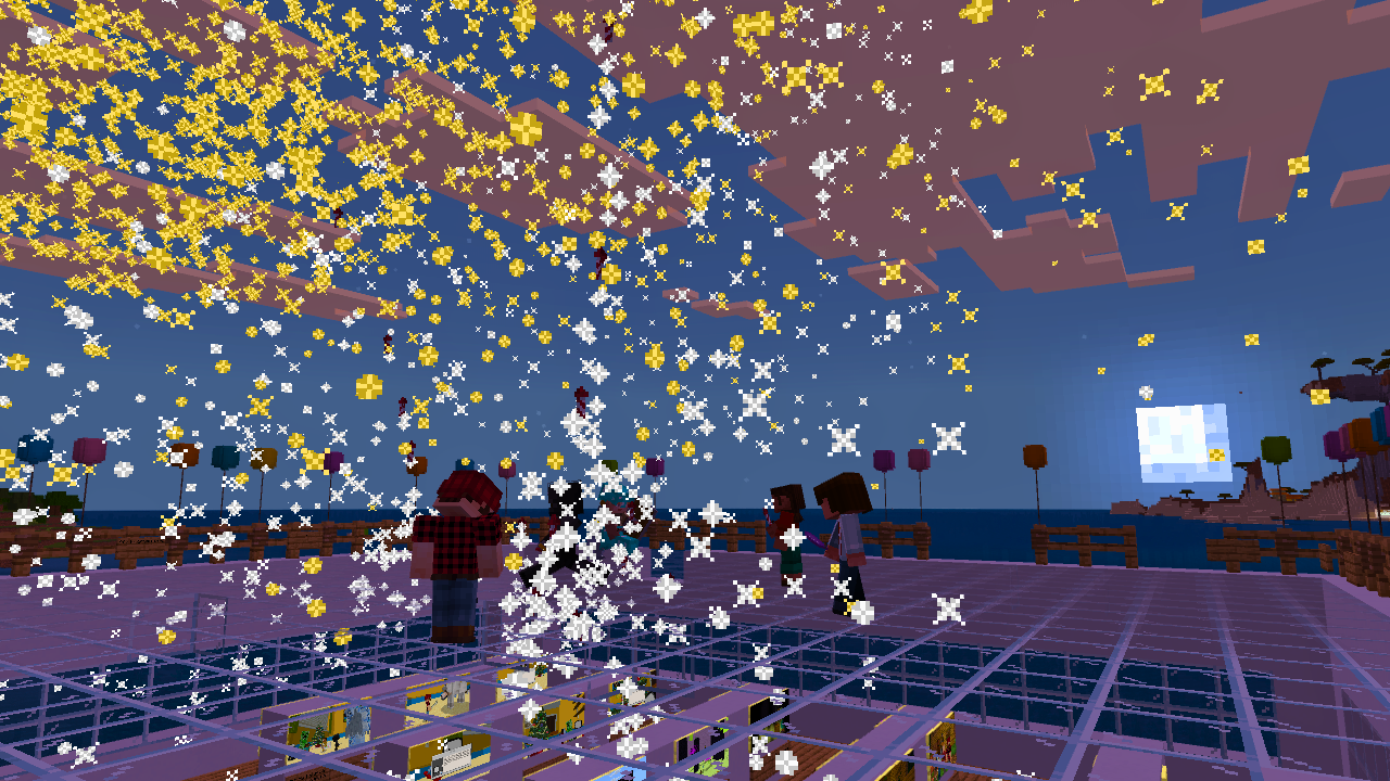  A Minecraft scene at night with a large fireworks display of yellow and white stars filling the sky, a group of people watching from a platform, and a luminous moon on the horizon. 