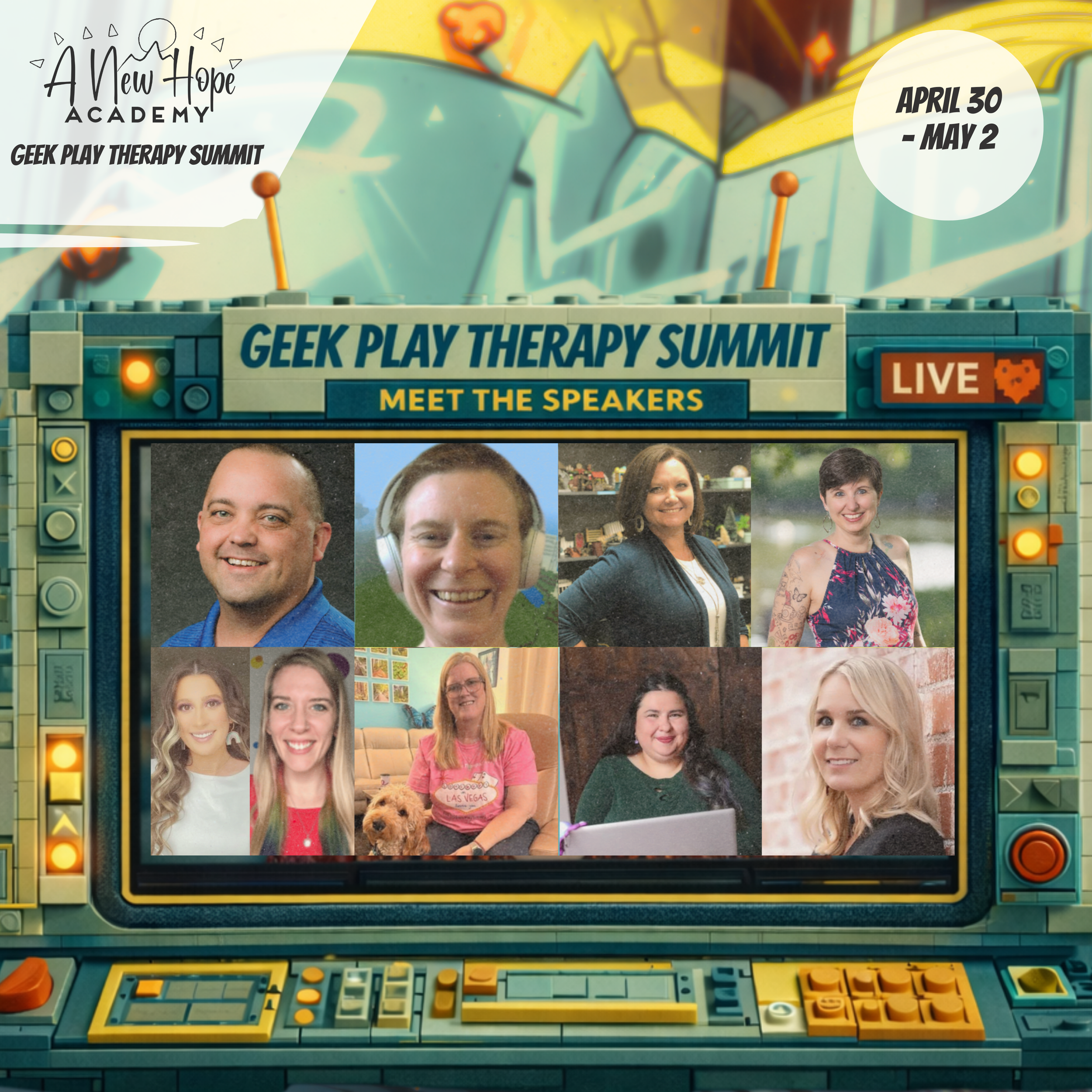 A New Hope Academy Geek Play Therapy Summit announcement featuring a collage of speaker photos on a screen that resembles a retro video game console. The summit dates April 30 - May 2 are visible.