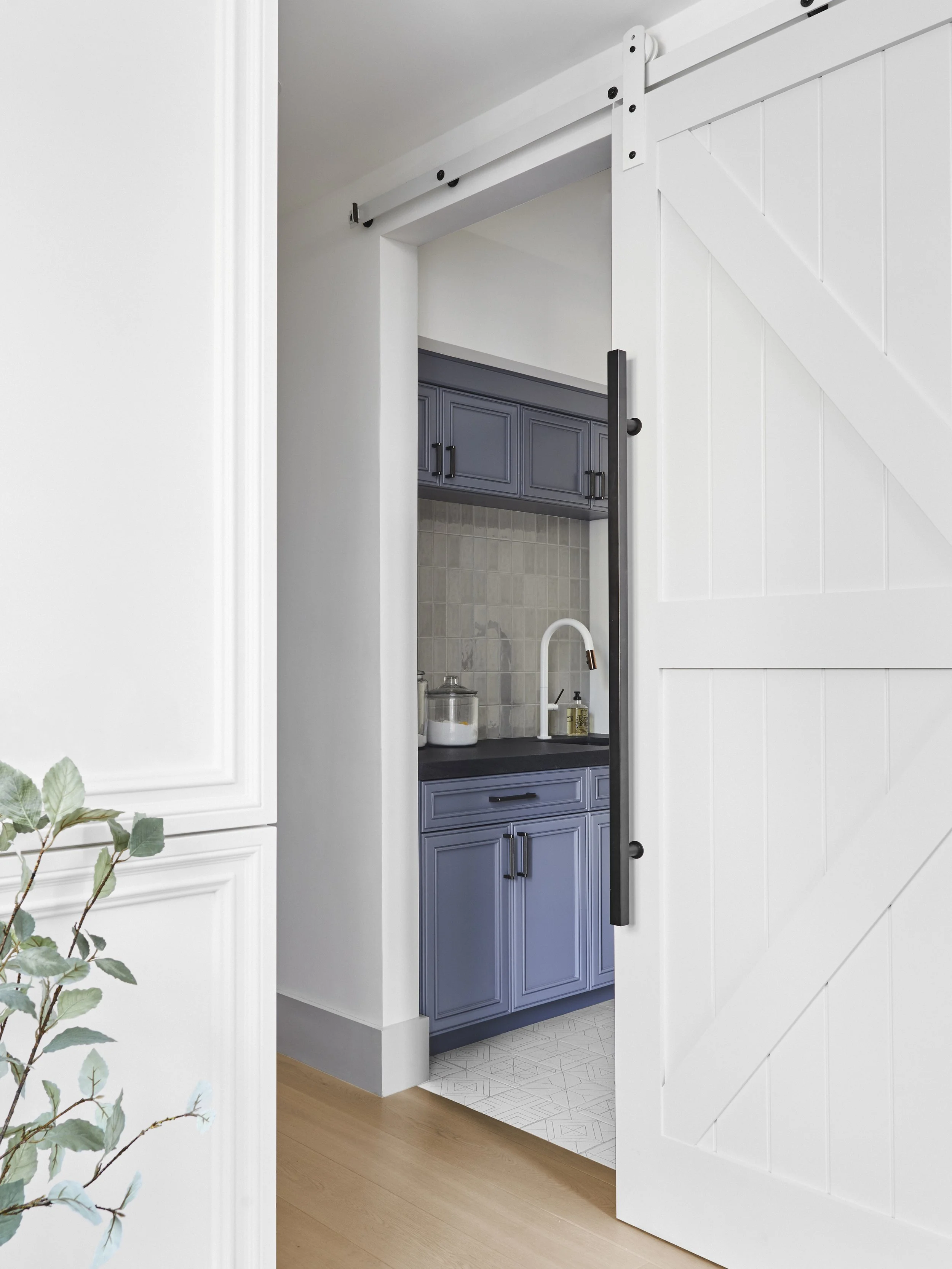Interior view of a kitchen with a sliding white barn door revealing a small kitchenette area. The kitchenette features blue cabinets, a dark countertop, and various kitchen items. A plant is visible in the foreground.