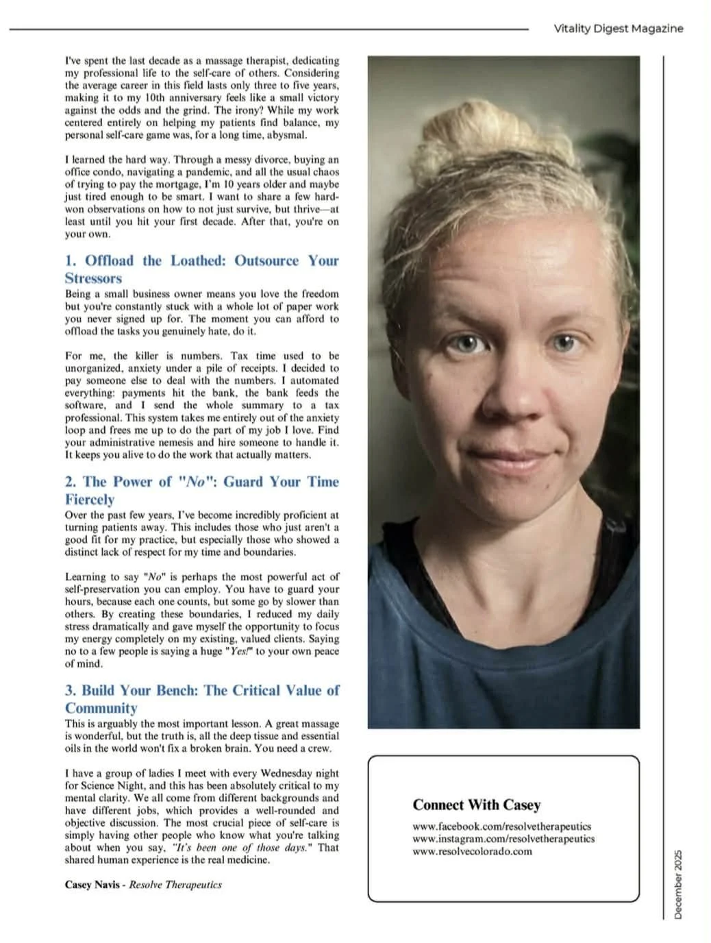 Casey Navis of Colorado Springs wrote an article for Vitality Magazine in December