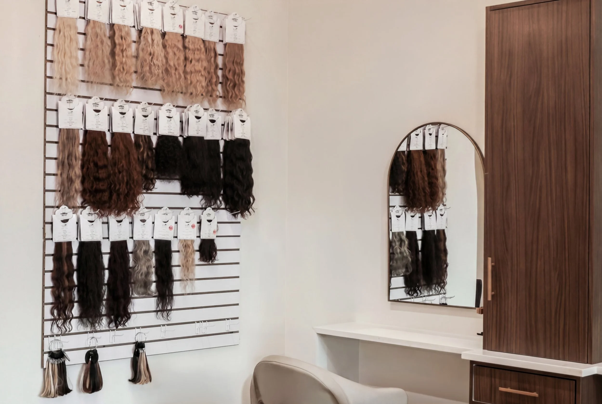 Display of hair extensions or wigs in various shades arranged on a wall display with clips and labels, next to a mirror and wooden cabinet.