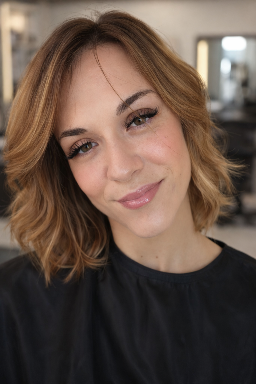 Close-up portrait of a woman with shoulder-length wavy auburn hair, wearing a black top, smiling softly in a well-lit room.
