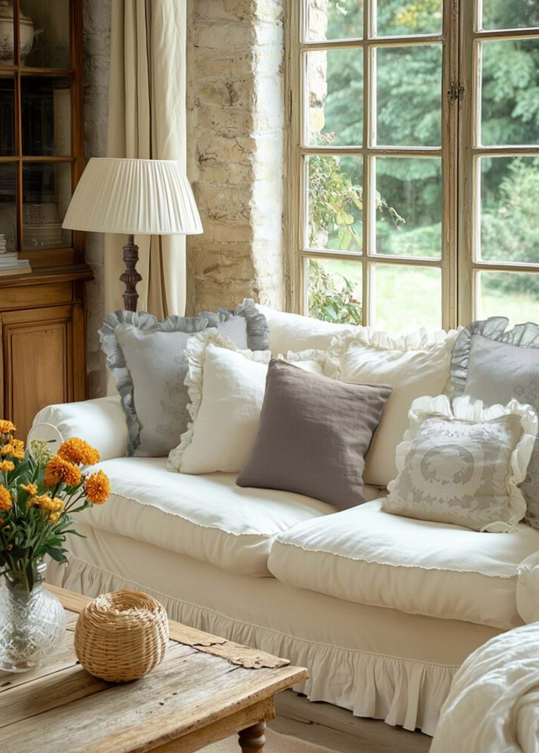 Sala de estar con sofá blanco, cojines gris y beige, lámpara de pie junto a una ventana grande con vista a un jardín verde, mesa de madera con flores amarillas y decoración rústica.