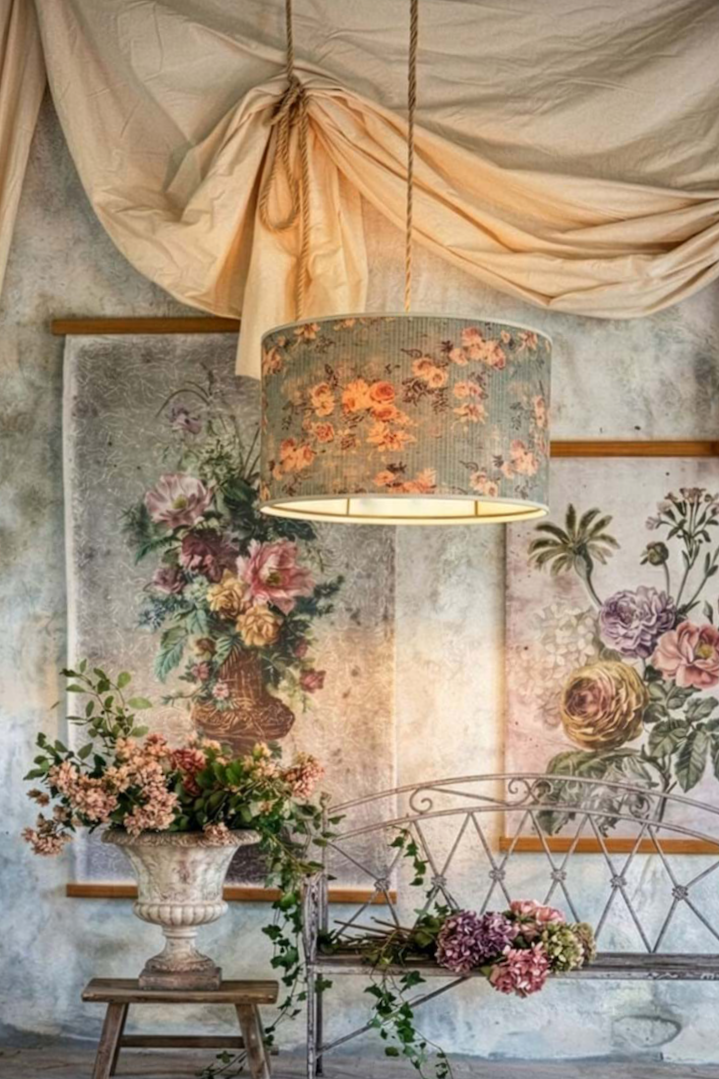 Lámpara de tela con estampado floral, colgada del techo sobre un mueble de hierro, en una decoración con flores y cuadros de flores en la pared.
