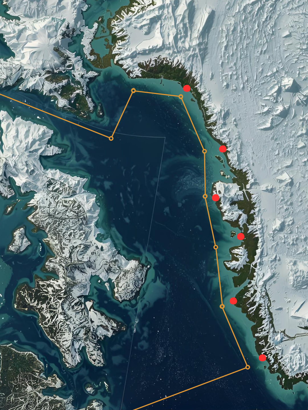 Satellite image of a large body of water with surrounding icy and snow-covered land, and a marked route with red dots along the shoreline.