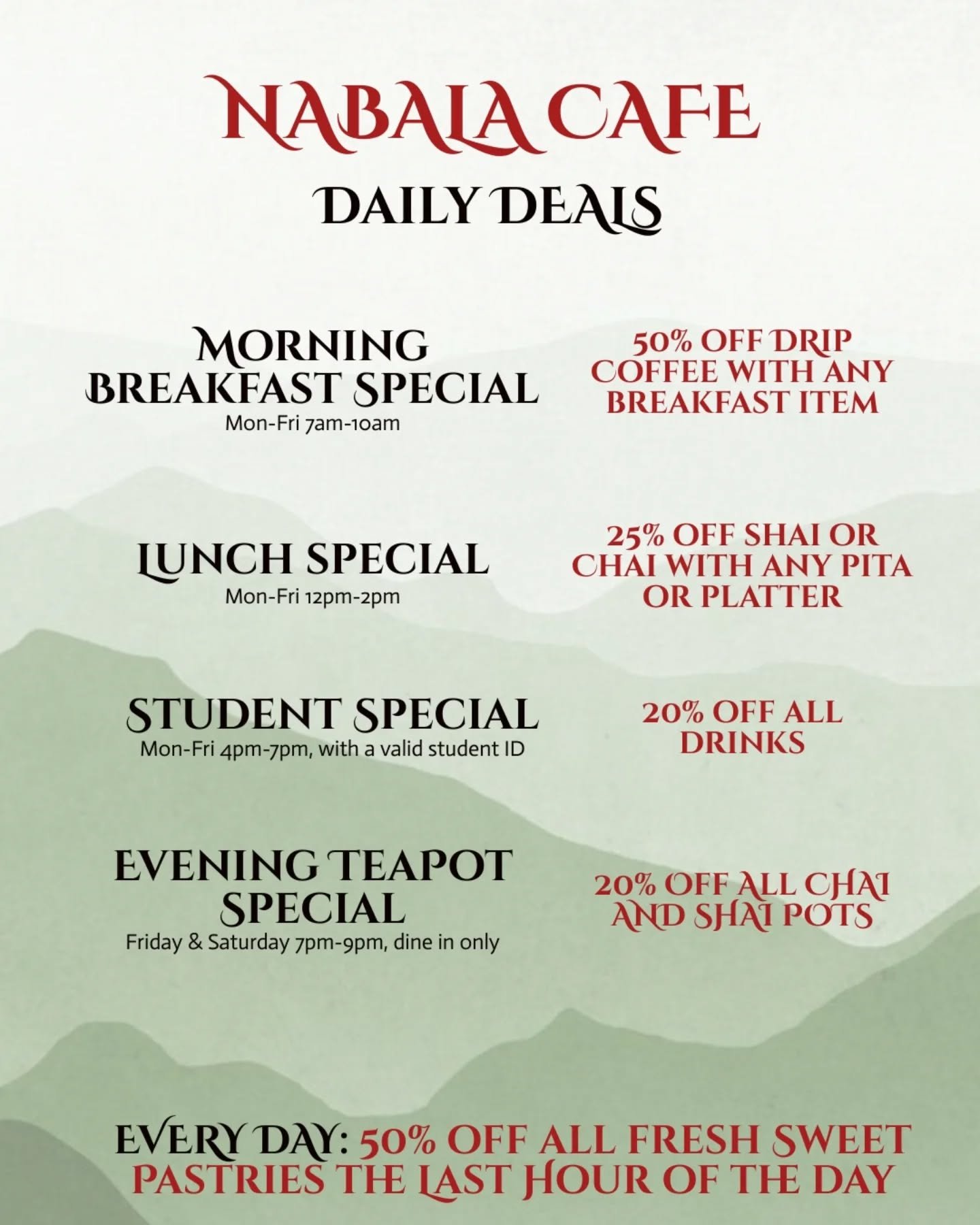Love a good deal? We got you!
Get half off drip coffee with any breakfast item Monday-Friday from 7am-10am
Get 25% off any shai or chai from 12pm-2pm Monday-Friday with any platter or pita
STUDENTS: Come by and bring your student IDs 4-7pm Monday