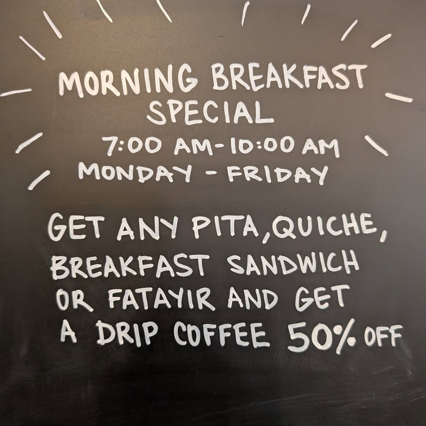For the early risers and deal lovers! Stop by between 7-10 Monday-Friday for our morning breakfast special--get any breakfast item and get a drip or cardamom coffee 50% off.
Whether you're grabbing something for your morning commute, want to sit dow