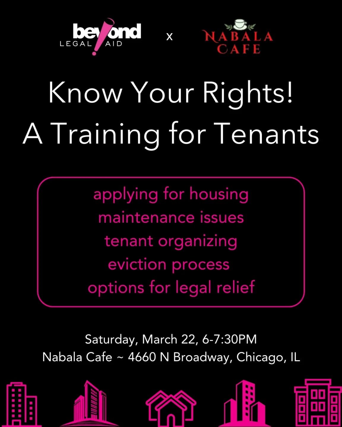 Calling all tenants! Join us this Saturday March 22 for a know your rights training with @beyondlegalaid -- covering applying for housing, maintenance issues, tenant organizing, eviction process, and options for legal relief.
The information shared