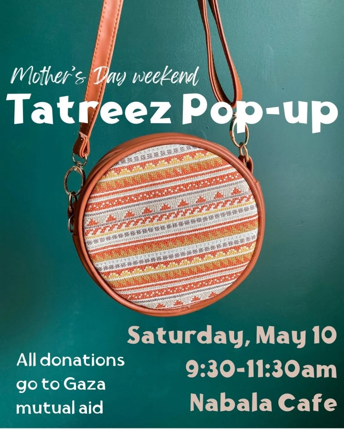 Join us for a tatreez pop-up on Saturday, May 10th starting at 9:30. These purses were embroidered with traditional Palestinian patterns by Nareman Obeid, a Palestinian embroiderer who is currently in Egypt, separated from her family in Gaza. All don