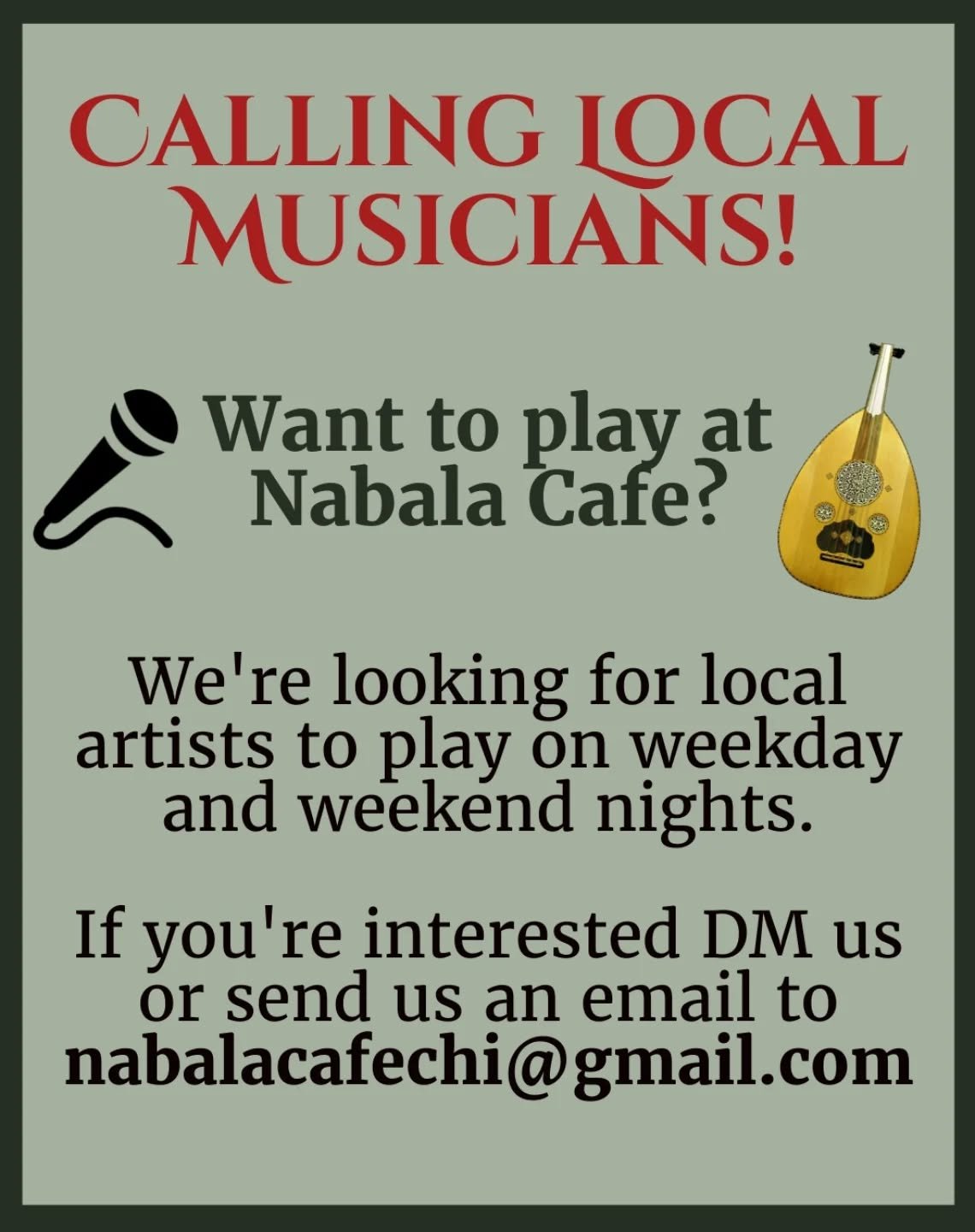 π¨π¨π¨Calling local musicians!π¨π¨π¨
Looking for a place to share your talents? Come play at Nabala Cafe!
We're looking for local artists who want to play on evenings throughout the week to set the vibe in the cafe.
Interested? Send us a DM or em
