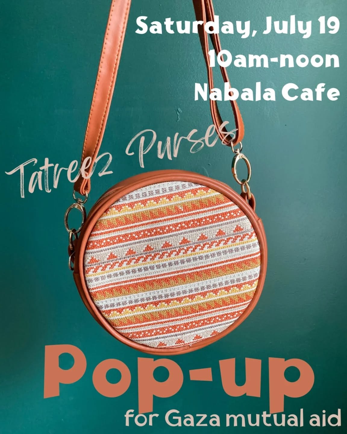 Join us for a tatreez pop-up on Saturday, July 19th. These purses were embroidered with traditional Palestinian patterns by Nareman Obeid, a Palestinian embroiderer who is currently in Egypt, separated from her family in Gaza. All donations go direct