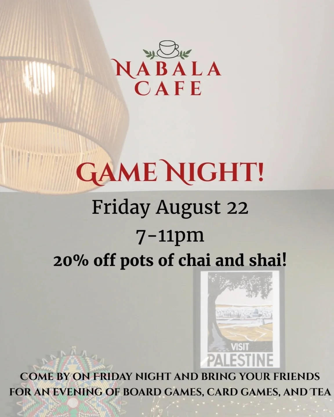 This Friday August 22 we’re having an open game night starting at 7pm!
Bring your friends and come check out our extensive board game, card game and puzzle collection, and get 20% off teapots all night!