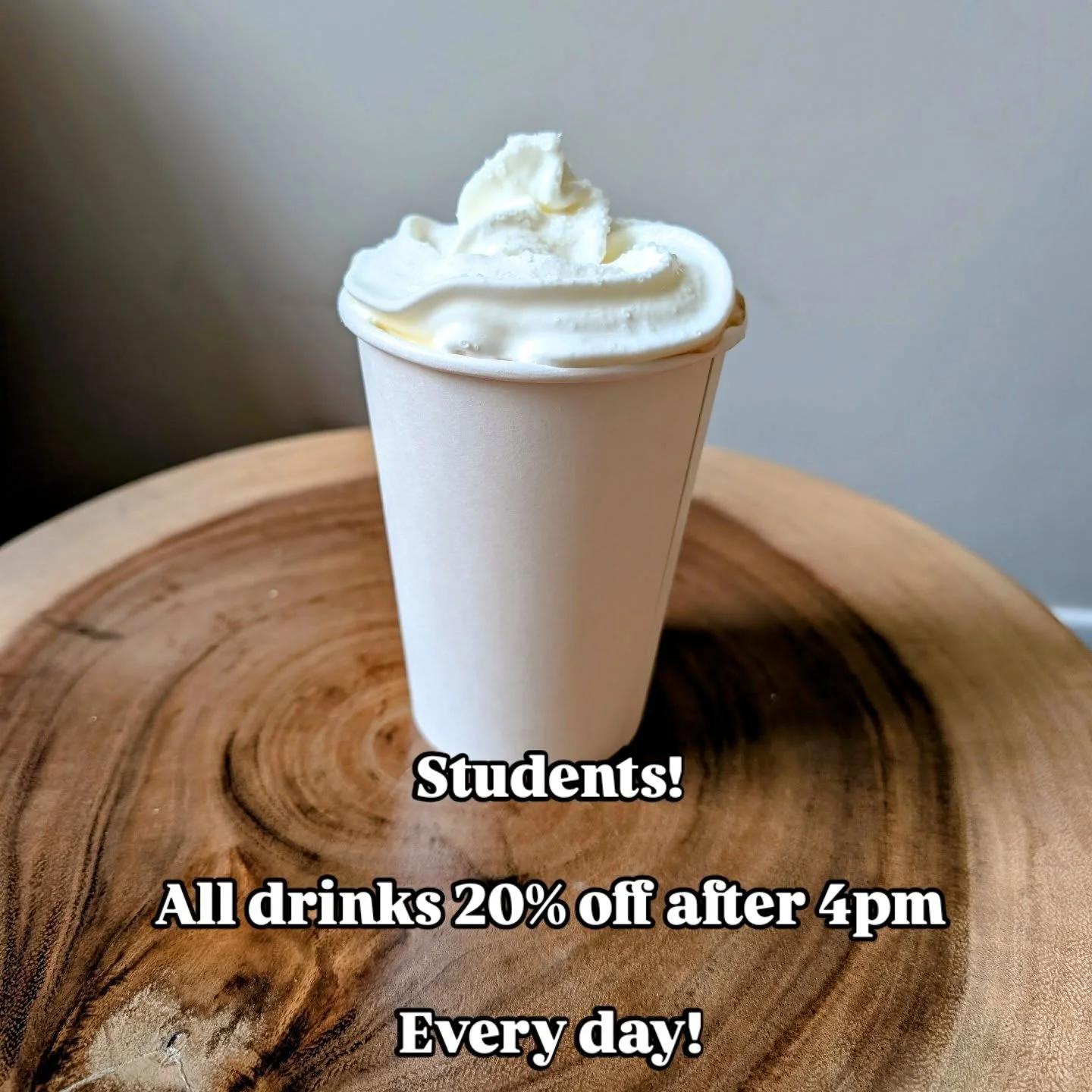 No frills, just good coffee, good deals, and good vibes π―
Students come by after 4pm every day for 20% off all drinks.
And non students, don't worry because we have good deals for you too... Stop by and see for yourself ππ½