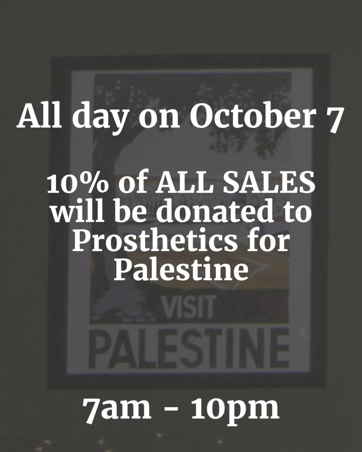 Stop in on Tuesday and help us raise money for @prostheticsforpalestine who is working to get prosthetics to Palestinian amputees 

We are donating 10% of our sales all day. Come by to support a good cause
