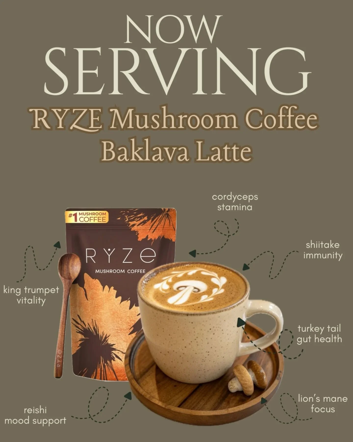We're excited to partner with @ryzesuperfoods and offer our NEW RYZE mushroom coffee latte.

We're putting our own twist on it though--we're serving it as a baklava latte. Get all the benefits of mushroom coffee and the delicious flavors of baklava a