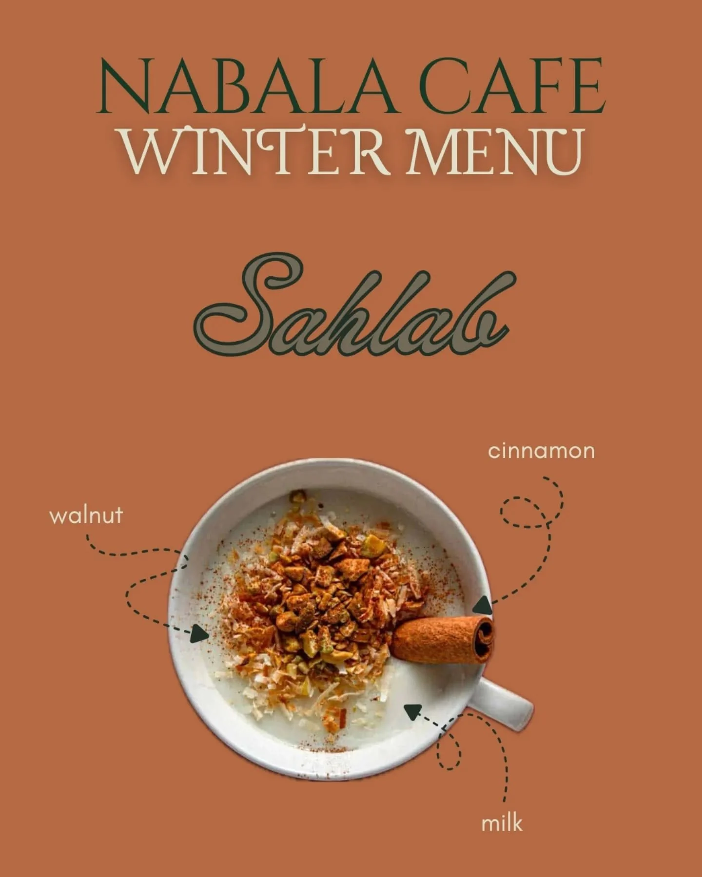 We're going to be serving some unique and delicious drinks all winter long! This new one has been requested over and over since last winter and we're finally serving it: introducing sahlab!

Sahlab is the quintessential Arabi winter drink. It's sweet