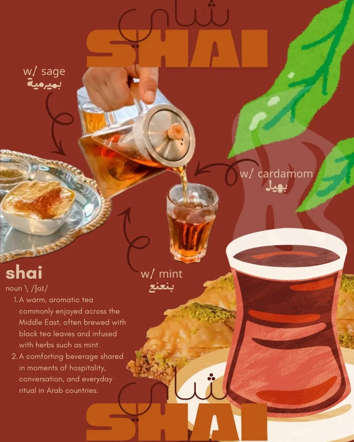 We get a lot of questions on our menu... We've got answers.

What is shai?

Shai is Arabic word for tea. A traditional Arab shai is made with black tea and a complimentary herb--typically mint or sage, and sometimes cardamom. Shai is usually served w