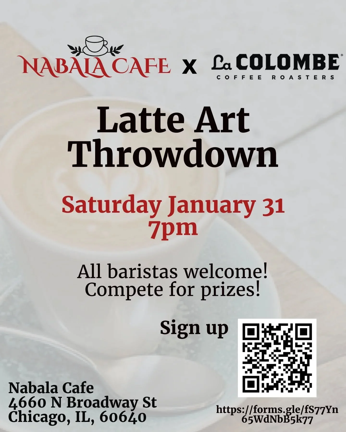 We're excited to announce that we are hosting our first ever latte art throwdown on Saturday January 31 at 7pm! All baristas welcome

Come compete with other baristas to show your latte art skills and win prizes! 

Sign ups open now and closing at 11