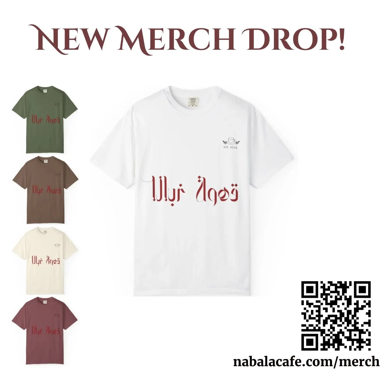 NEW MERCH DROP!

Introducing our Qahwat Nabala t-shirt, the newest design available in our merch store!

So thrilled to have Zayn and Angelina as our models for this one! (This is a lie)

Order this or any of our other merch at nabalacafe.com/merch