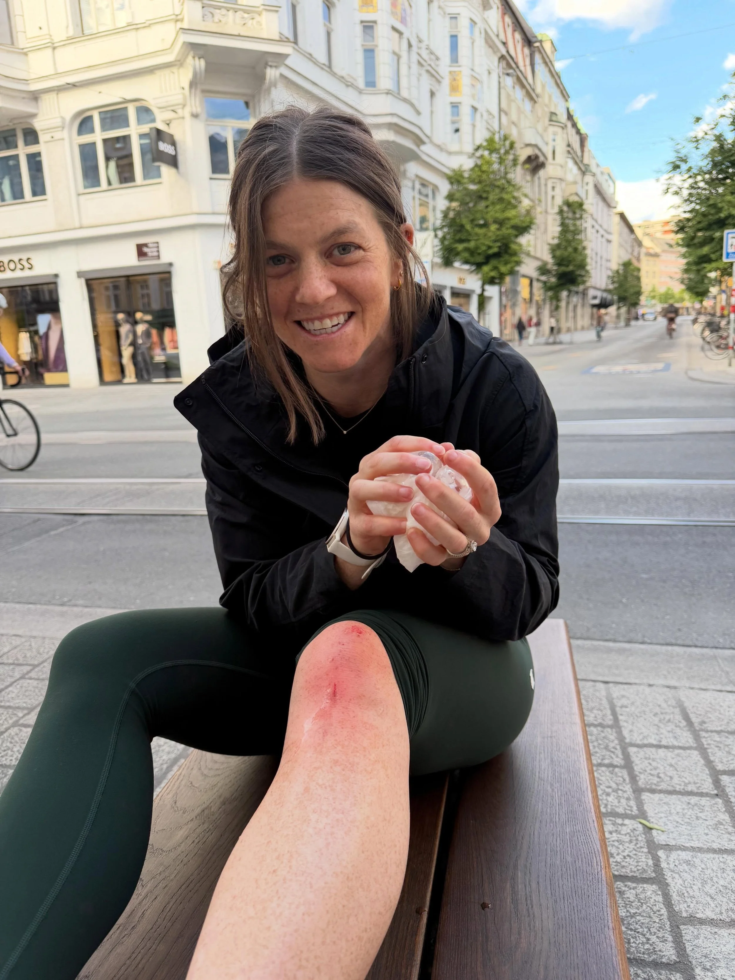 Can mark eating shit on my bike in the middle of everyone in the streets of Innsbruck, Austria off my bucket list. 10 minutes after picking up my rental bike before we start a 260 mile bike ride to Italy tomorrow 😂. Knee is currently a balloon, Aust