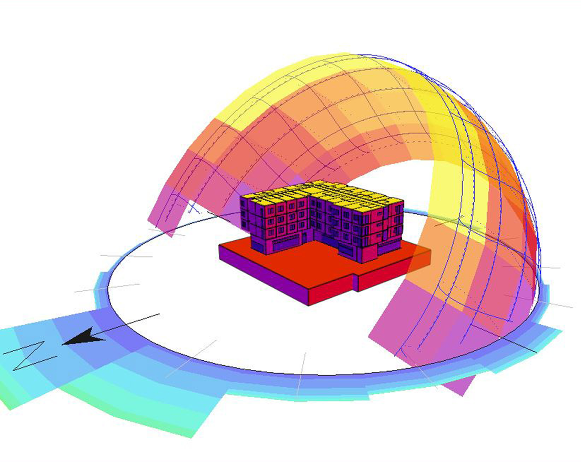 Colorful 3D computer model of a building surrounded by a semi-circular multicolor gradient in a digital simulation.