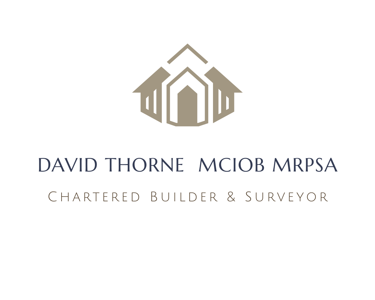 Business logo with stylized house icon above the name David Thorne, MCIOB, MRPSA, Chartered Builder & Surveyor, written in blue and gold text on a black background.