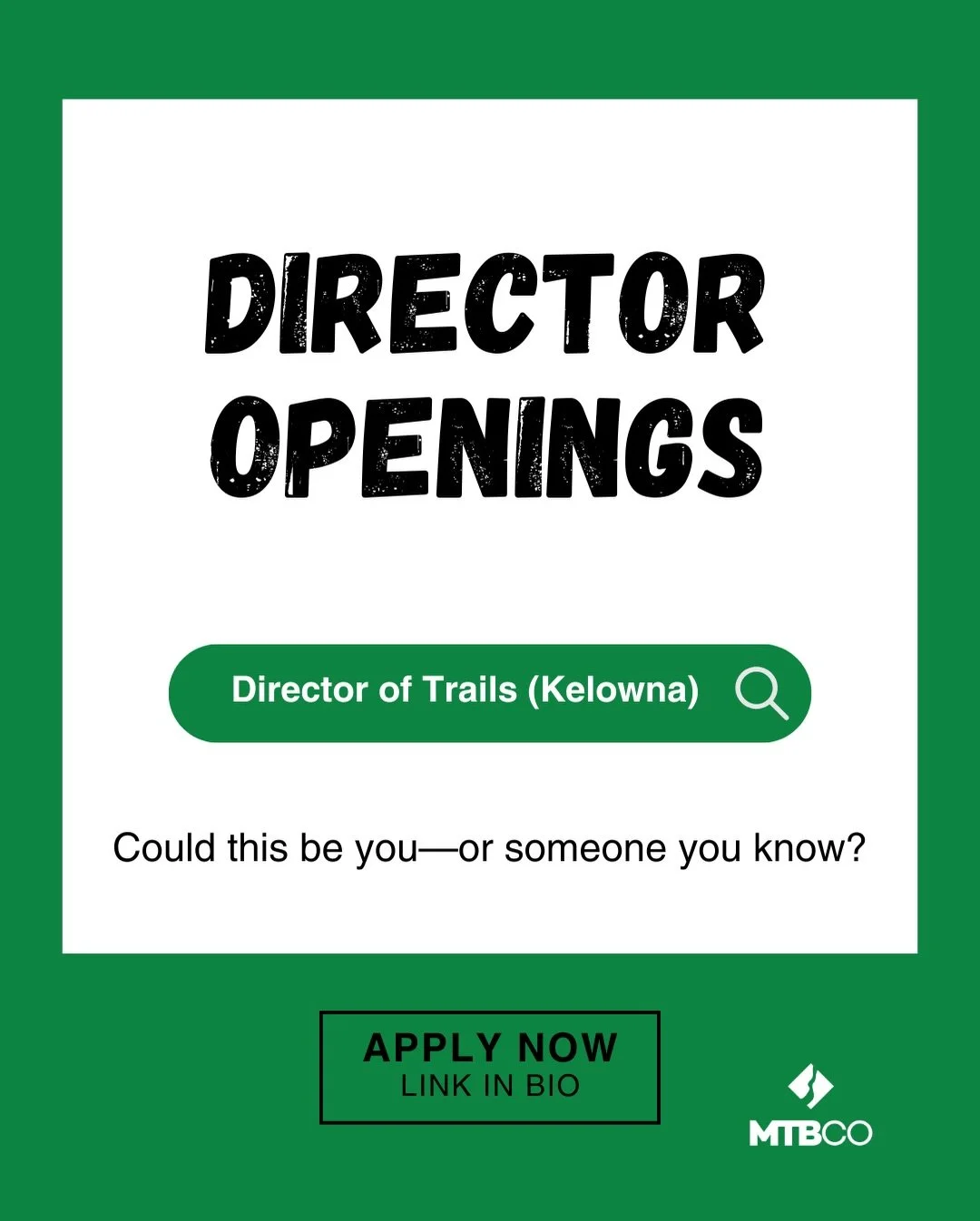 Love mountain biking? Want to give back to the community that gives you so much? 💚

MTBCO is looking for new directors to join our volunteer crew:

 🛠️ Director of Trails (Kelowna)
 🛠️ Director of Trails (Lake Country)
 🤝 Community Team Directors
