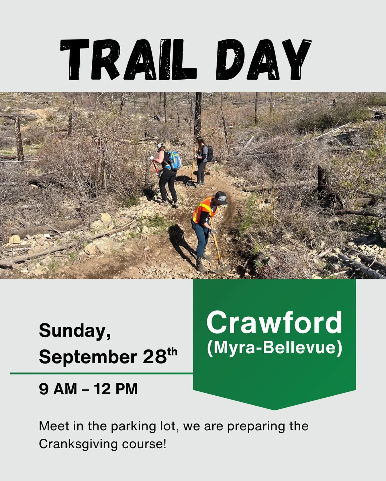 TRAIL DAY! 🪏🚵&zwj;♀️ 

Join us this Sunday, September 28th for a trail day at Crawford! 

We will be preparing the enduro course for Cranksgiving (Oct 4th and 5th) 

Volunteer by clicking the link in our bio! 🔗