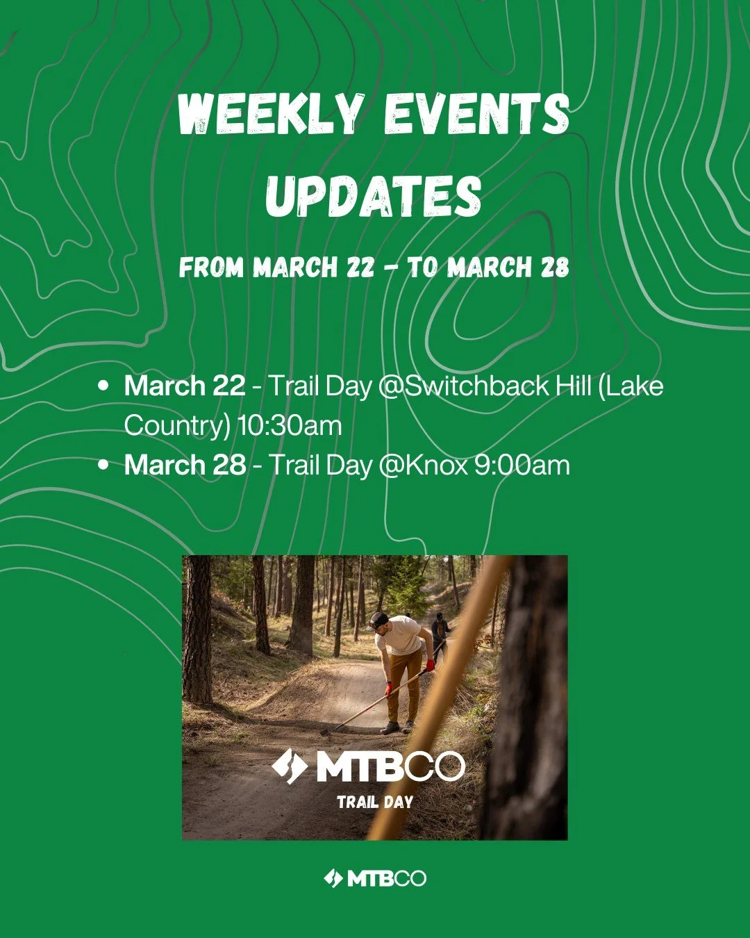 Our calendar is already packed with ways for you to get involved, get inspired, and give back to the dirt. here is what&rsquo;s coming up over the next two week:

Week 4 (March 22 &ndash; March 28):
⚒️ March 22 | Trail Day @ Switchback Hill (Lake Cou