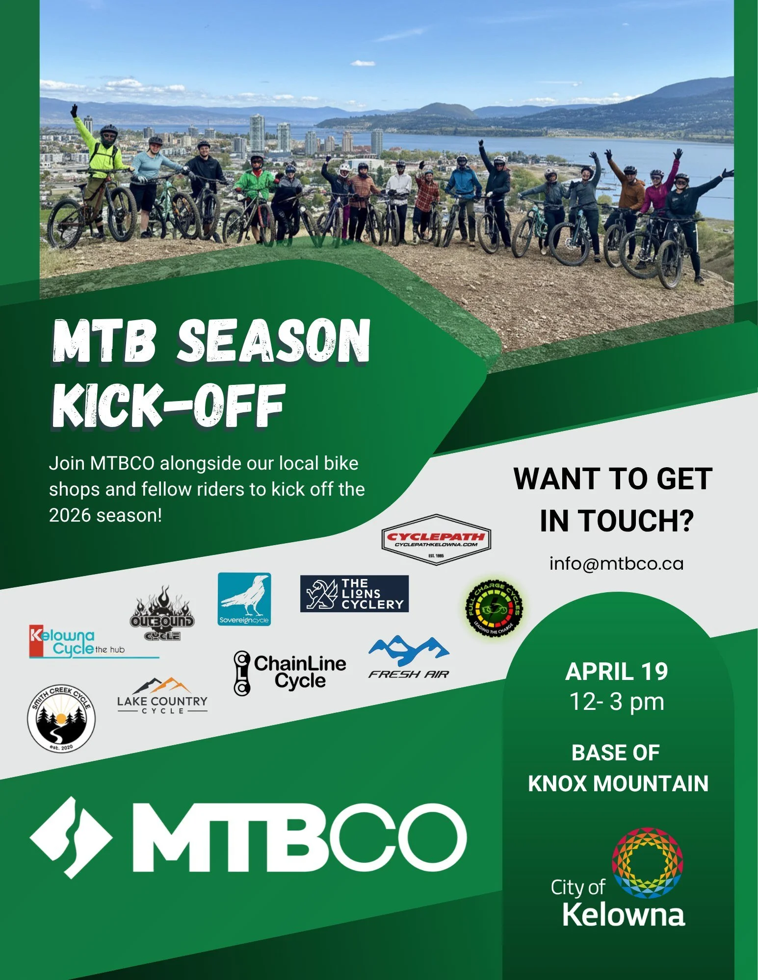 Mark your calendars. The 2026 season officially starts HERE! 🗓️🔥

It&rsquo;s the day we&rsquo;ve all been waiting for. Join us at Knox Mountain for the official MTBCO Season Kickoff! We&rsquo;re bringing the entire Okanagan riding community togethe