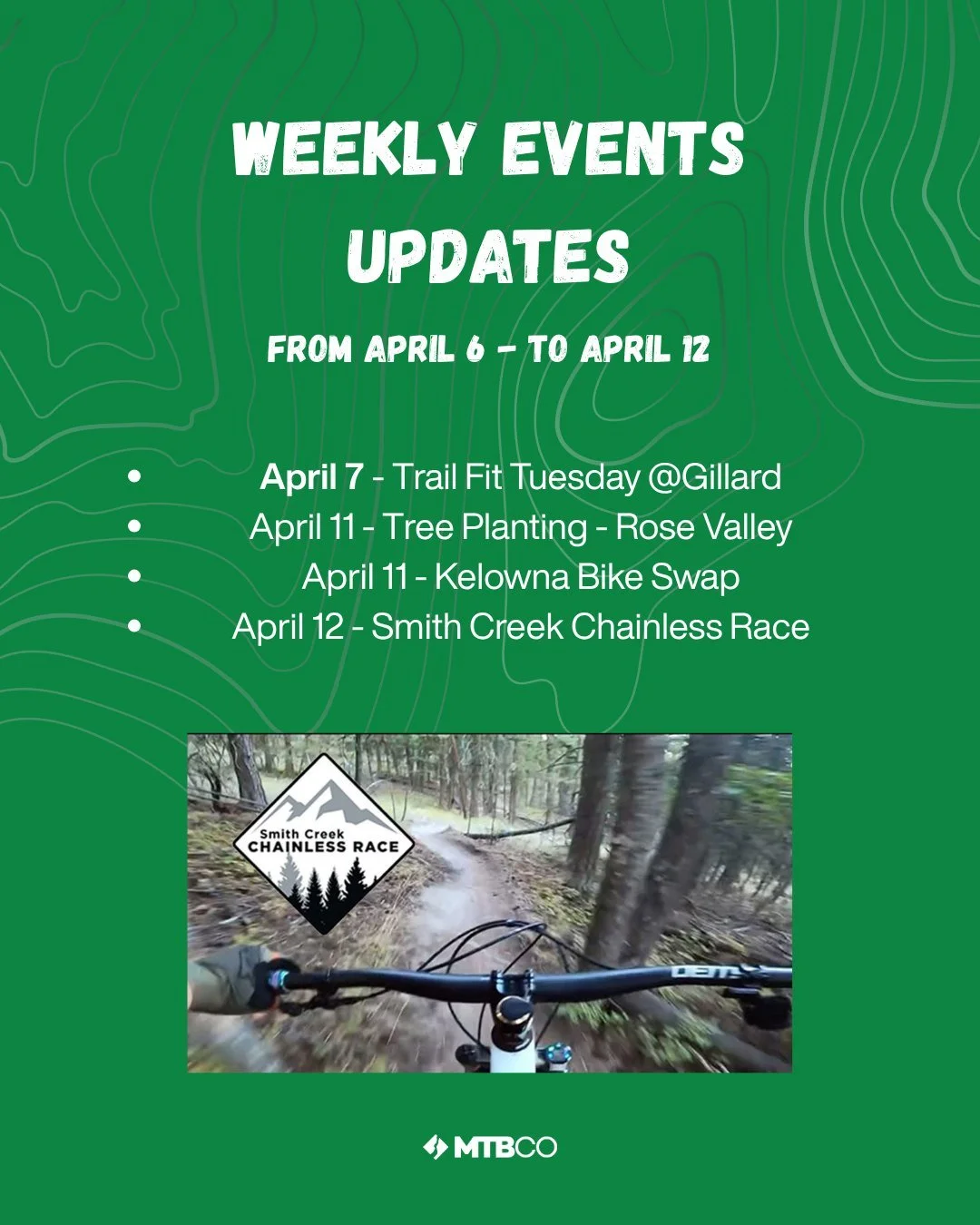 This week is looking packed! 🌲🚲 From trail maintenance to the legendary bike swap, there&rsquo;s a reason to get out and connect with the community almost every day.

Here is the breakdown for April 6 &ndash; April 12:

April 7 | Trail Fit Tuesday 