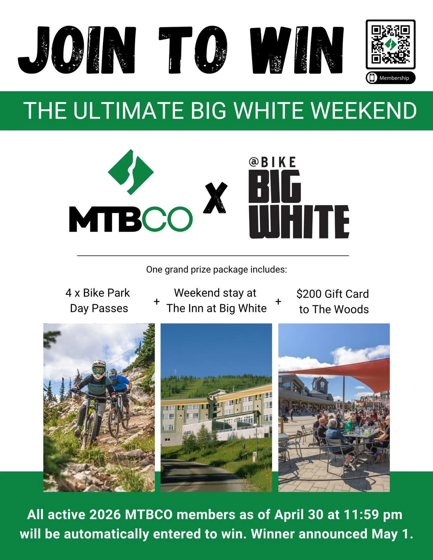 🚨 JOIN TO WIN 🚨

Get your 2026 MTBCO Membership and you&rsquo;ll be automatically entered to win the Ultimate Big White Weekend! 🙌🚵&zwj;♀️🚵&zwj;♂️

One lucky winner will score:
&bull; 4 Bike Park Day Passes 🎟️ 
&bull; Weekend stay at The Inn at