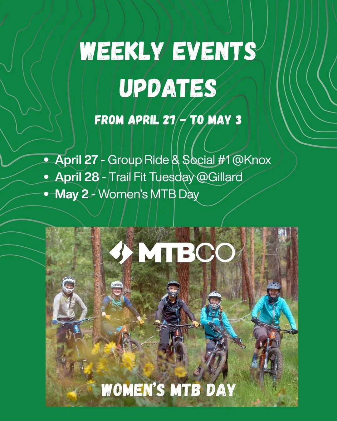 This week is proof that the season is officially in full swing! From social laps to stewardship and a massive push for Women&rsquo;s MTB Day, there is a spot for everyone in the dirt this week.

Here is your April 27 &ndash; May 3 hit list:

TONIGHT 